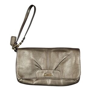 Coach Ashley Wristlet Pleated Pewter Metallic Clutch